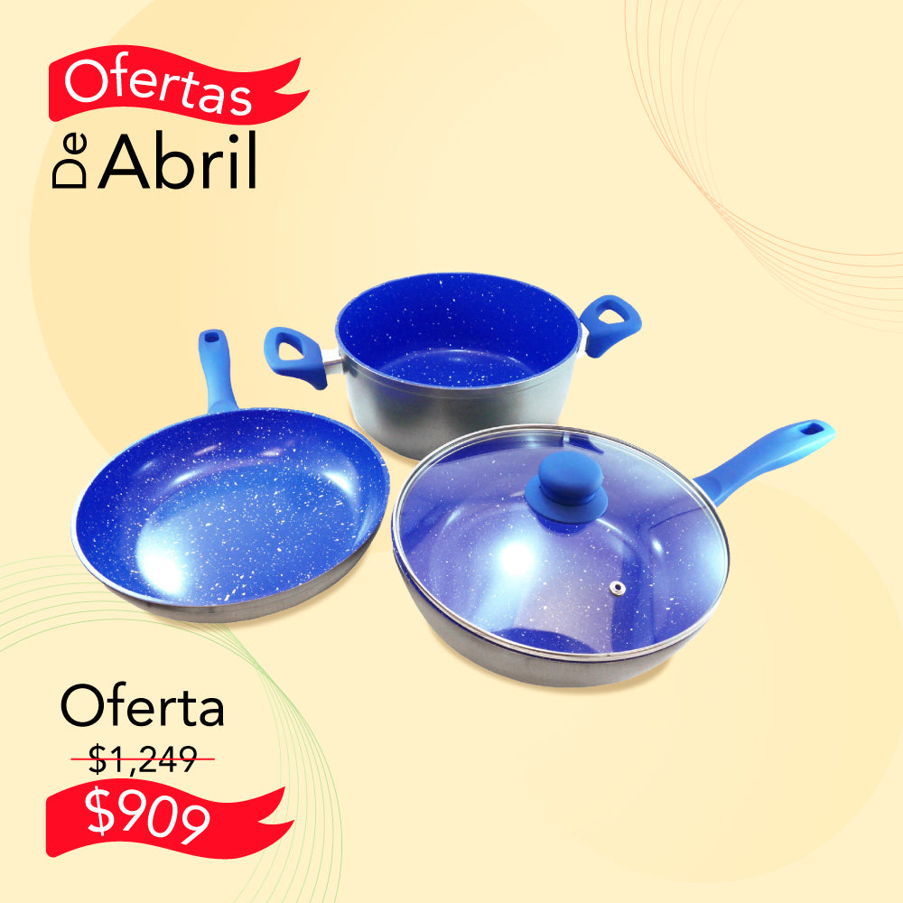 SET DE 2 SARTENES Y CACEROLA CON RECUBRIMIENTO DE ZAFIRO ANTIADHERENTE MÁS UNA TAPA