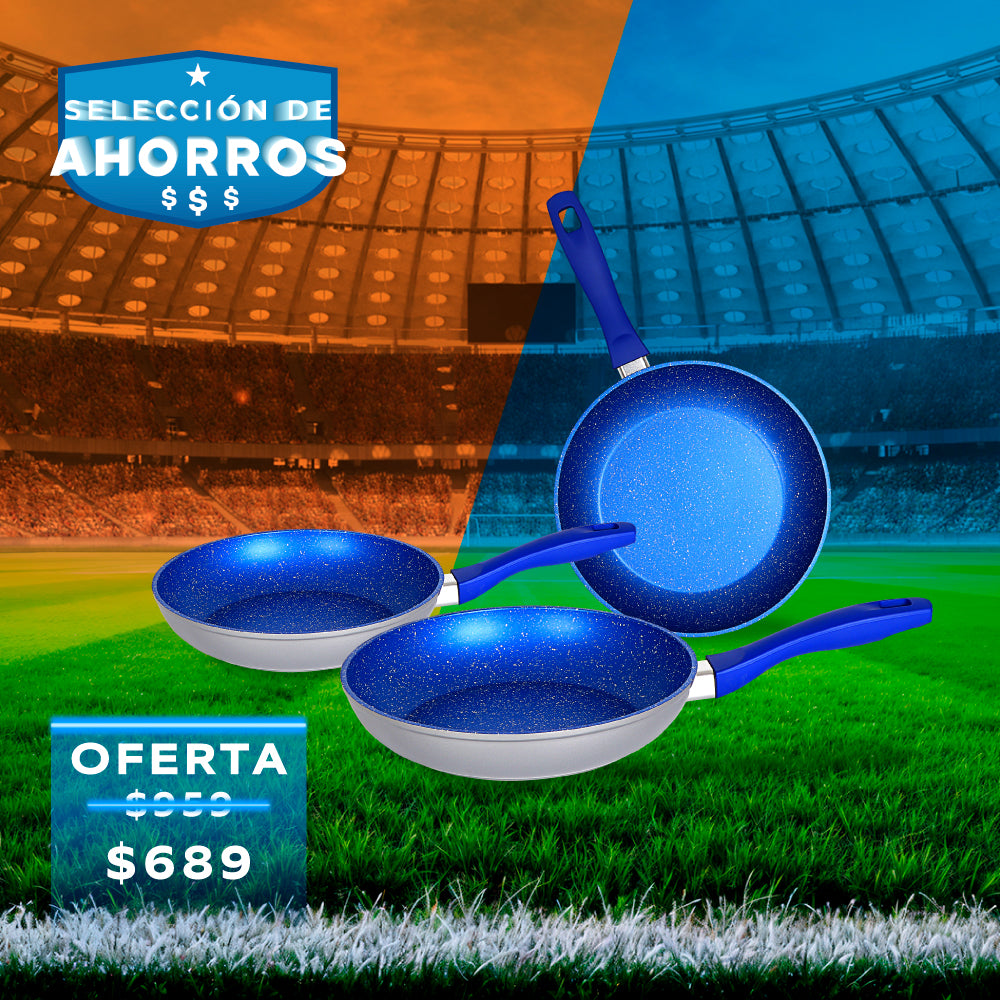 JUEGO DE 3 SARTENES CON RECUBRIMIENTO DE ZAFIRO 20, 24, 28 CM
