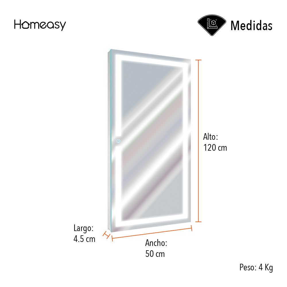 ESPEJO RECTANGULAR LED DE 120X52 CM