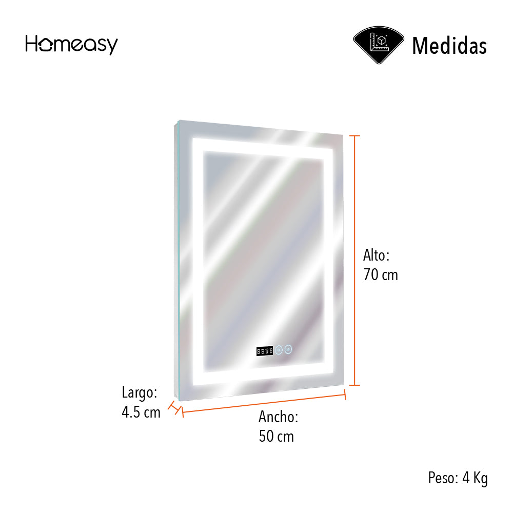 ESPEJO RECTANGULAR LED INTELIGENTE DE 50X70 CM