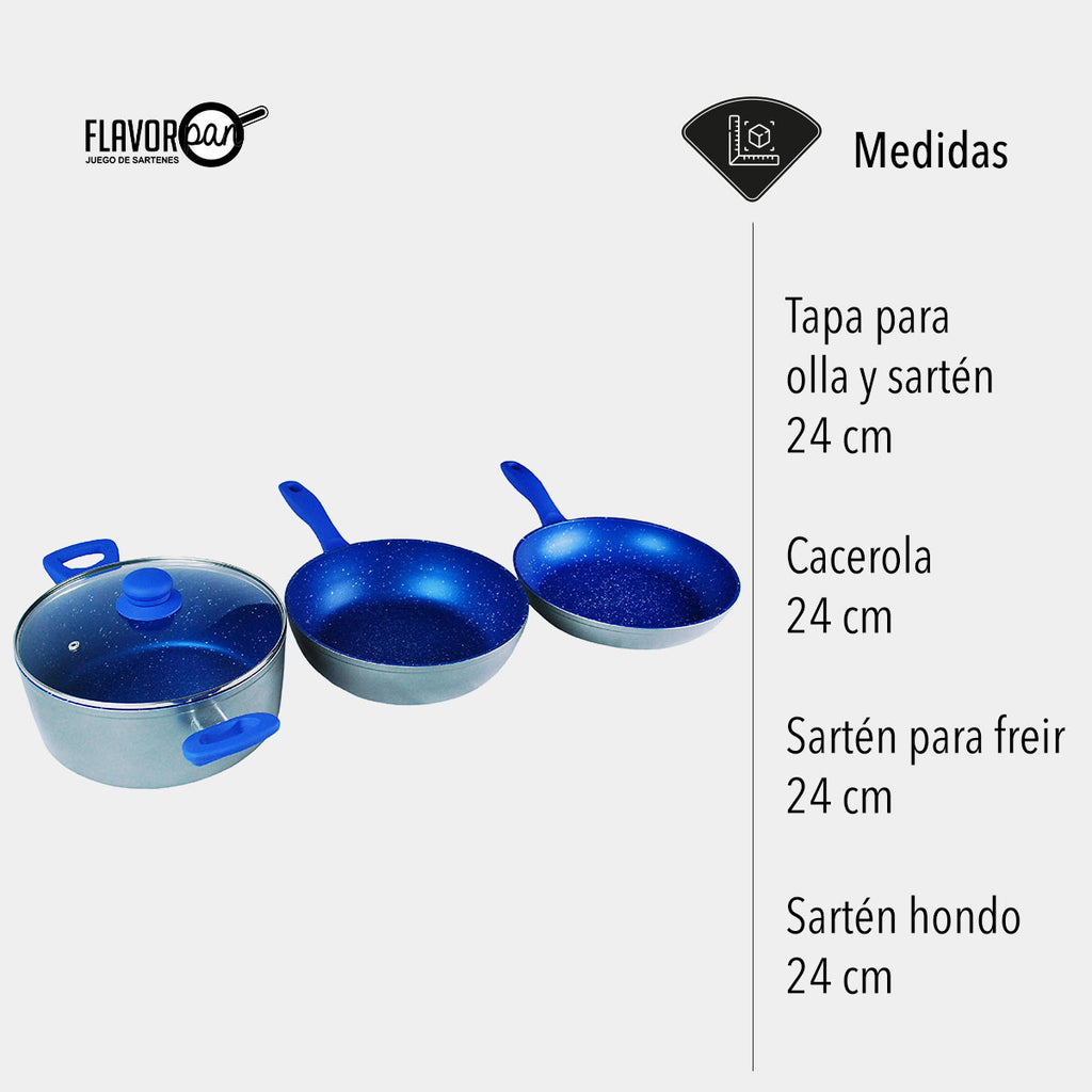 SET DE 2 SARTENES Y CACEROLA CON RECUBRIMIENTO DE ZAFIRO ANTIADHERENTE MÁS UNA TAPA