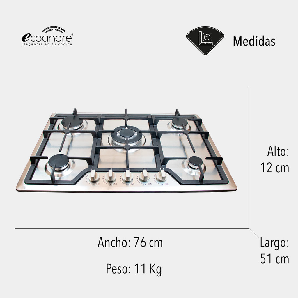 PARRILLA DE GAS EMPOTRABLE CON 5 QUEMADORES DE ACERO INOXIDABLE