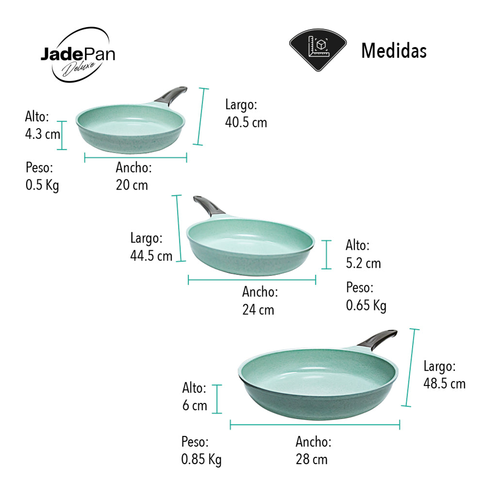 JUEGO DE 3 SARTENES CON CUBIERTA DE JADE ANTIADHERENTE PARA COCINA DE INDUCCIÓN