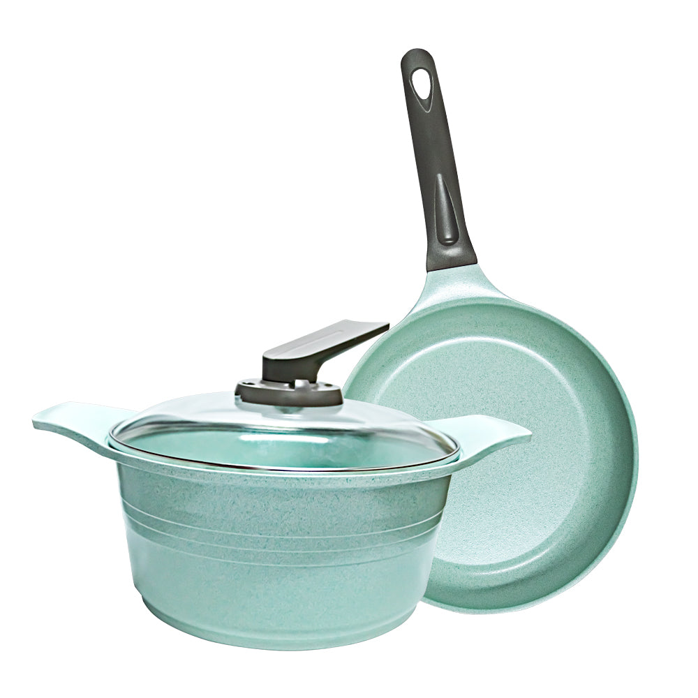 JUEGO DE 1 SARTENES CON CUBIERTA DE JADE Y 1 CASEROLA ANTIADHERENTE CON TAPA PARA COCINA DE INDUCCIÓN