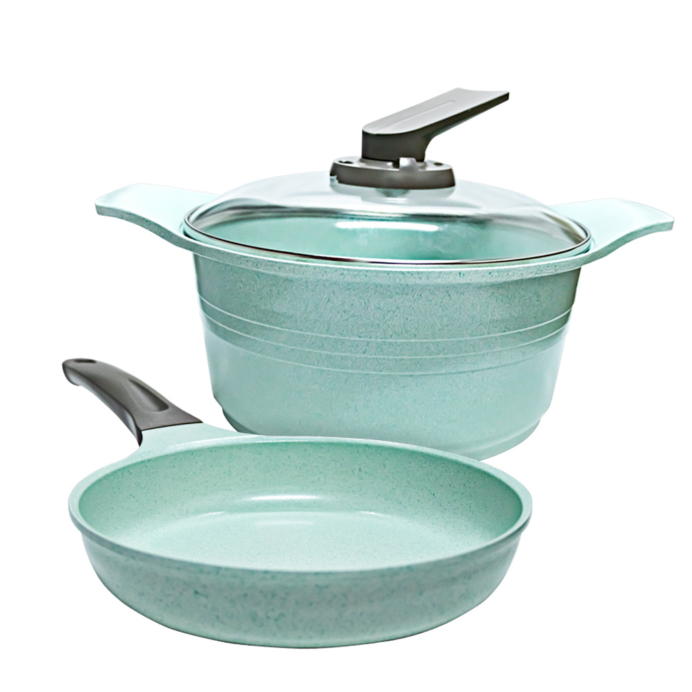 JUEGO DE 1 SARTENES CON CUBIERTA DE JADE Y 1 CASEROLA ANTIADHERENTE CON TAPA PARA COCINA DE INDUCCIÓN