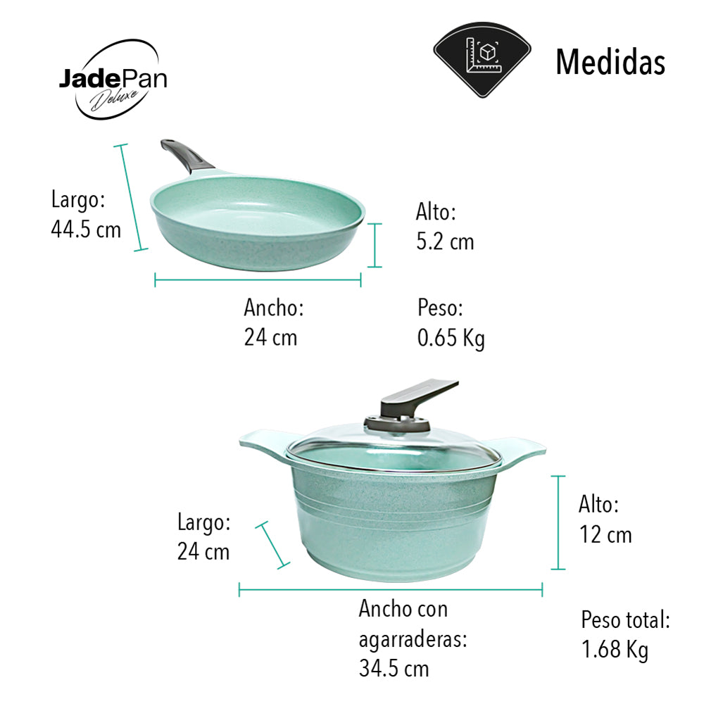 JUEGO DE 1 SARTENES CON CUBIERTA DE JADE Y 1 CASEROLA ANTIADHERENTE CON TAPA PARA COCINA DE INDUCCIÓN