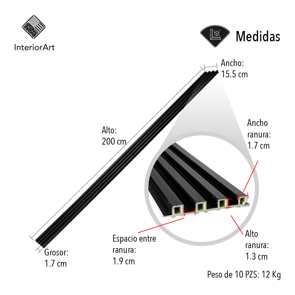 LAMBRÍN DECORATIVO PREMIUM 3.1 M² 10 PZAS ESTILO MADERA COLOR NEGRO