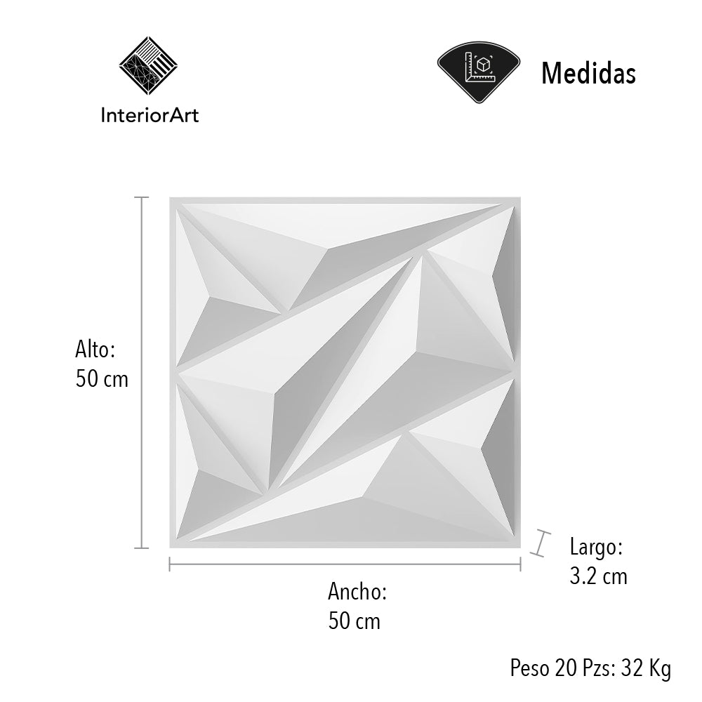 PANEL 3D DECORATIVO 50X50 CM 20 PZAS COLOR BLANCO FIGURA TRIÁNGULO