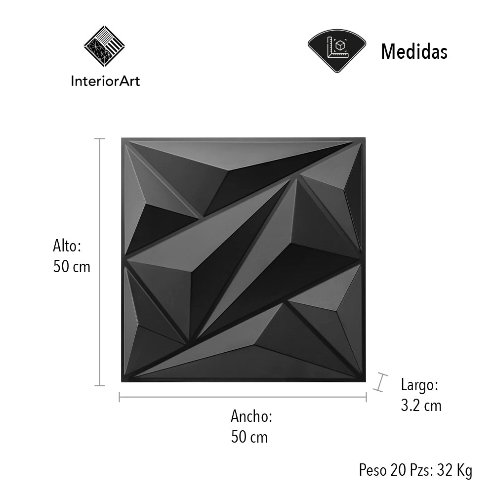 PANEL 3D DECORATIVO 50X50 CM 20 PZAS COLOR NEGRO FIGURA TRIÁNGULO