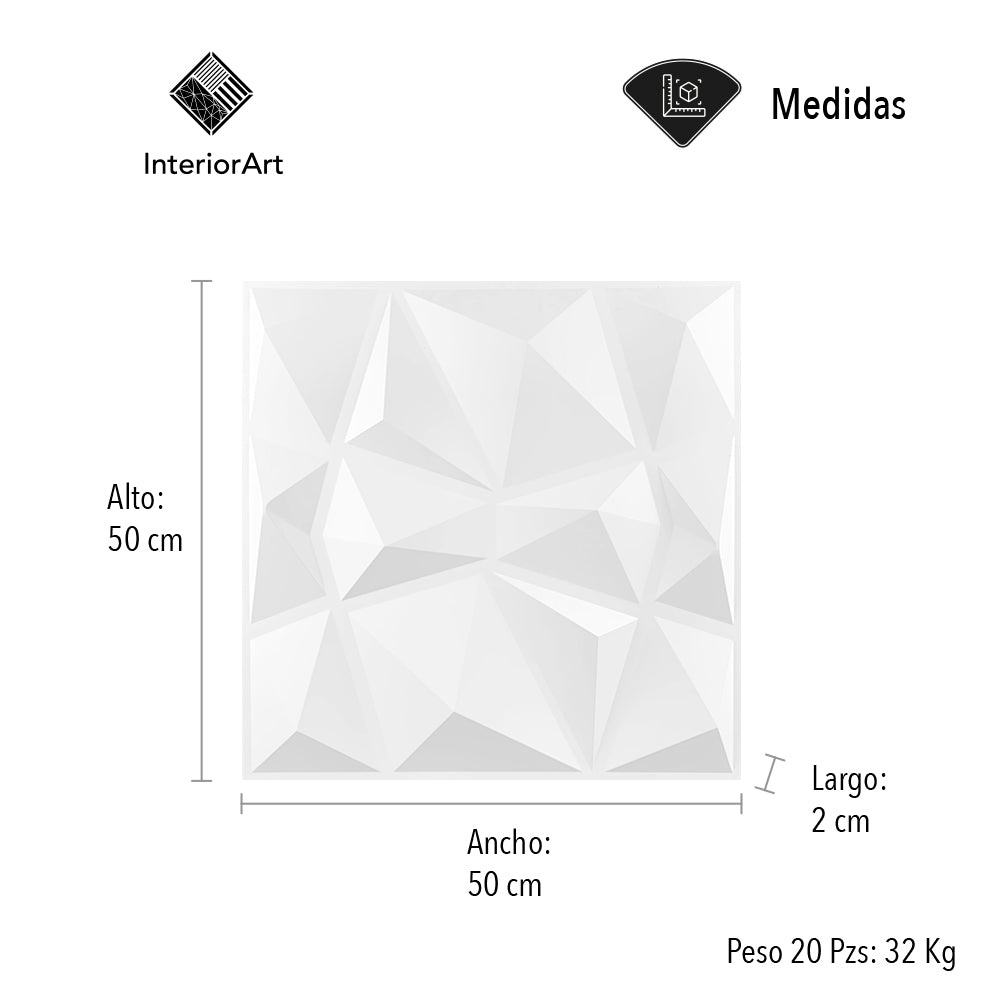 PANEL 3D DECORATIVO 50X50 CM 20 PZAS COLOR BLANCO FIGURA DIAMANTE