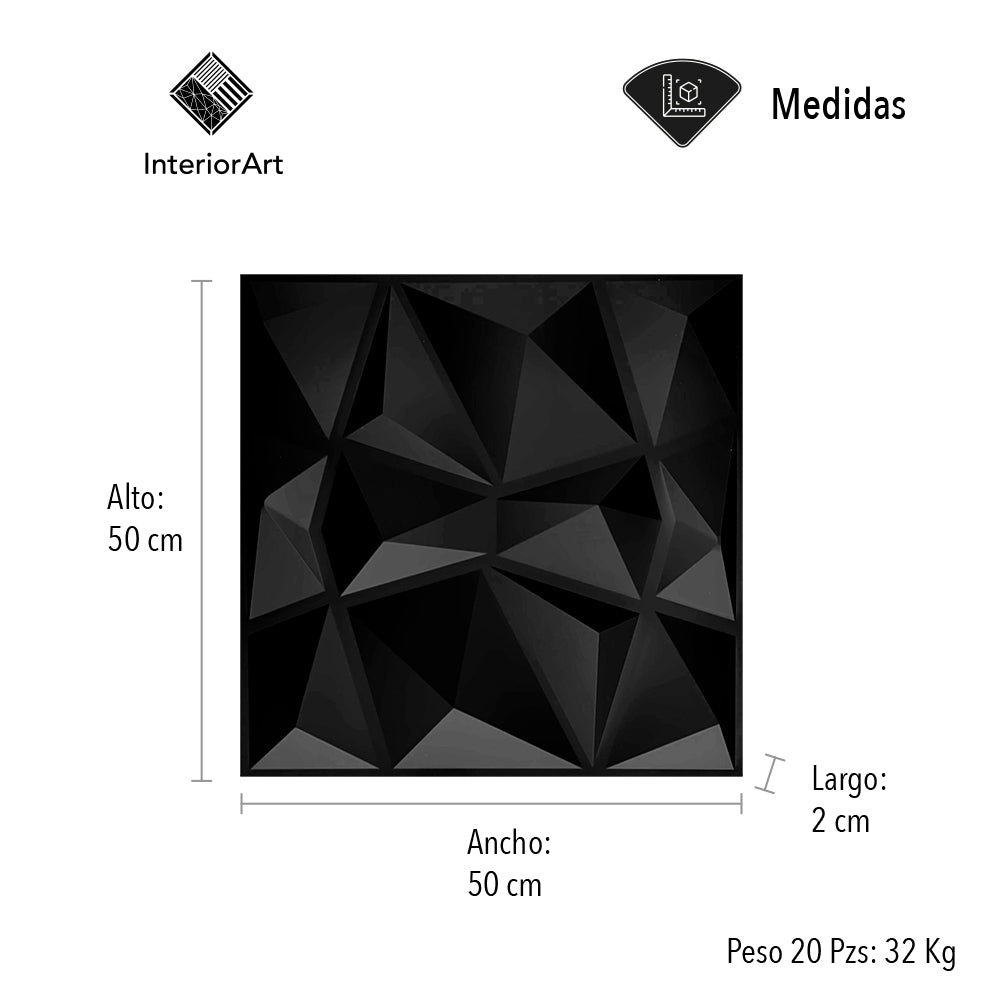 PANEL 3D DECORATIVO 50X50 CM 20 PZAS COLOR NEGRO FIGURA DIAMANTE
