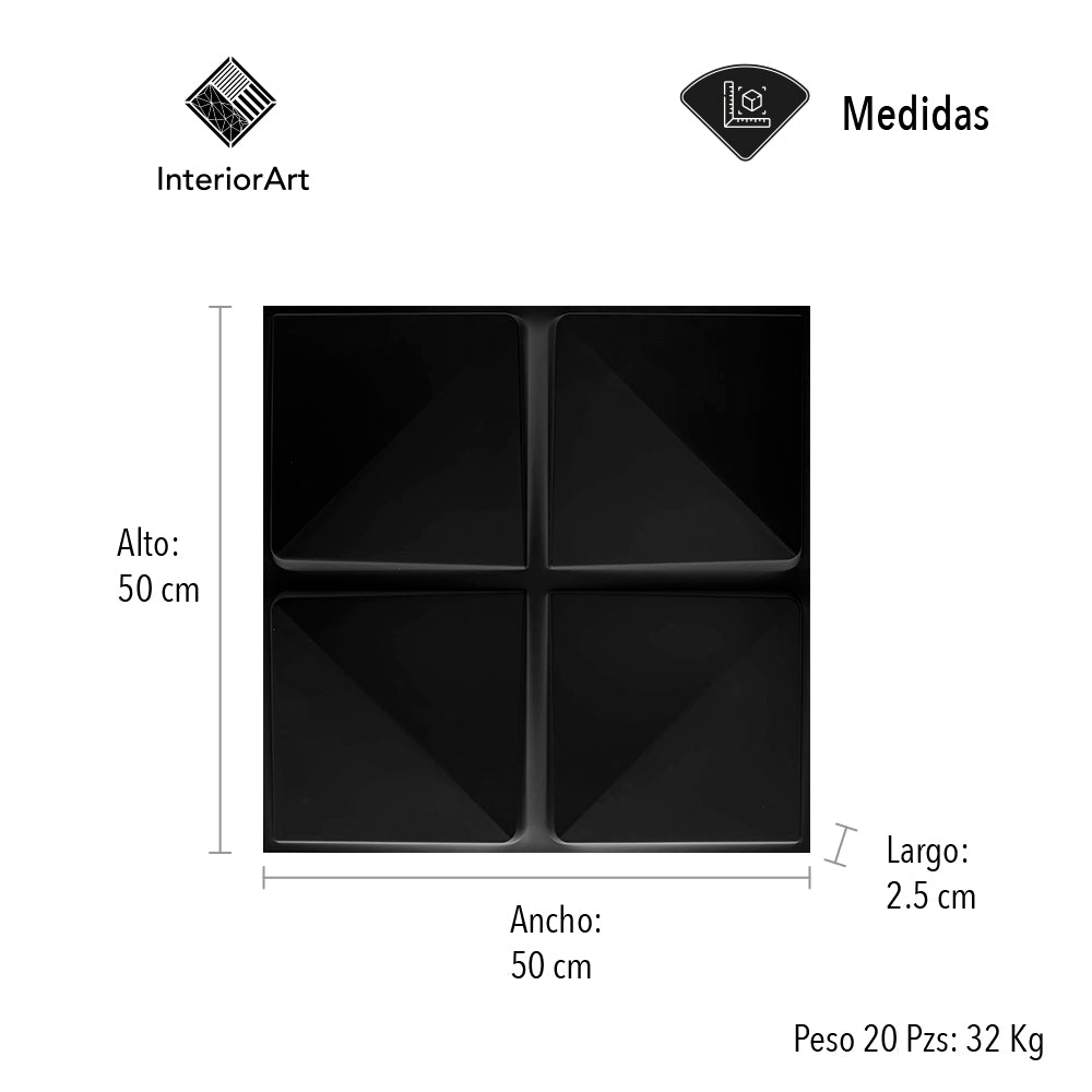 PANEL 3D DECORATIVO 50X50 CM 20 PZAS COLOR NEGRO FIGURA CUADROS