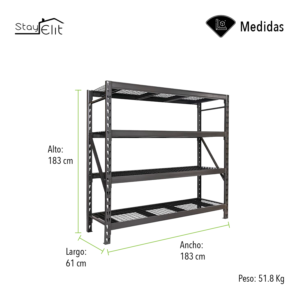 ESTANTE ANAQUEL METÁLICO DE 4 NIVELES SOPORTA 2.1 TONELADAS