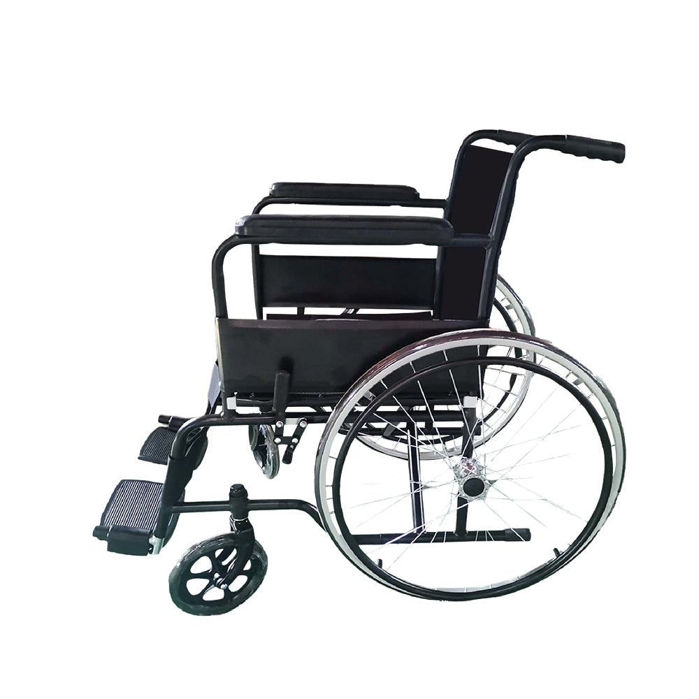 SILLA DE RUEDAS PLEGABLE CON ARO DE IMPULSO EN ACERO (SALDOS)