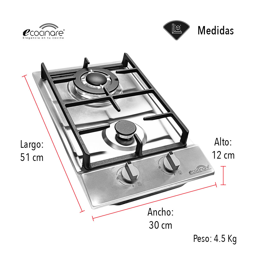 PARRILLA DE GAS DE 2 QUEMADORES DE ACERO INOXIDABLE