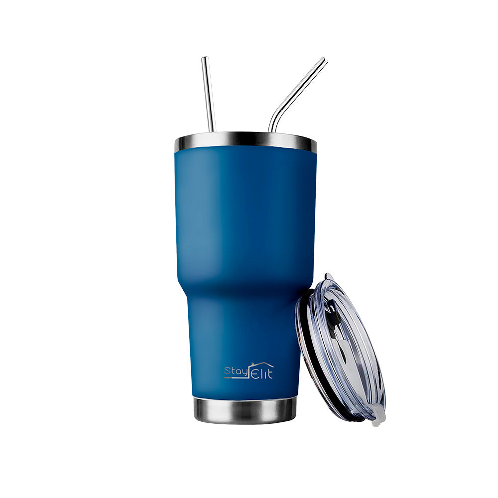 TERMO 30 OZ DE ACERO INOXIDABLE CON POPOTE Y CEPILLO COLOR AZUL
