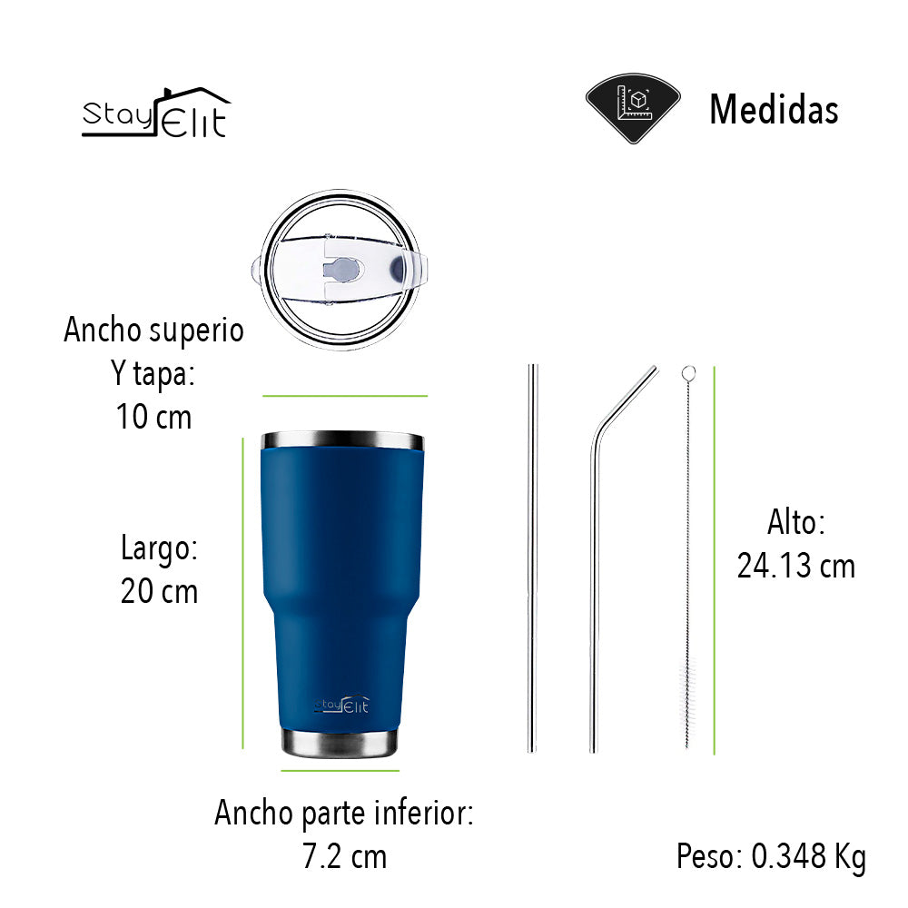 TERMO 30 OZ DE ACERO INOXIDABLE CON POPOTE Y CEPILLO COLOR AZUL
