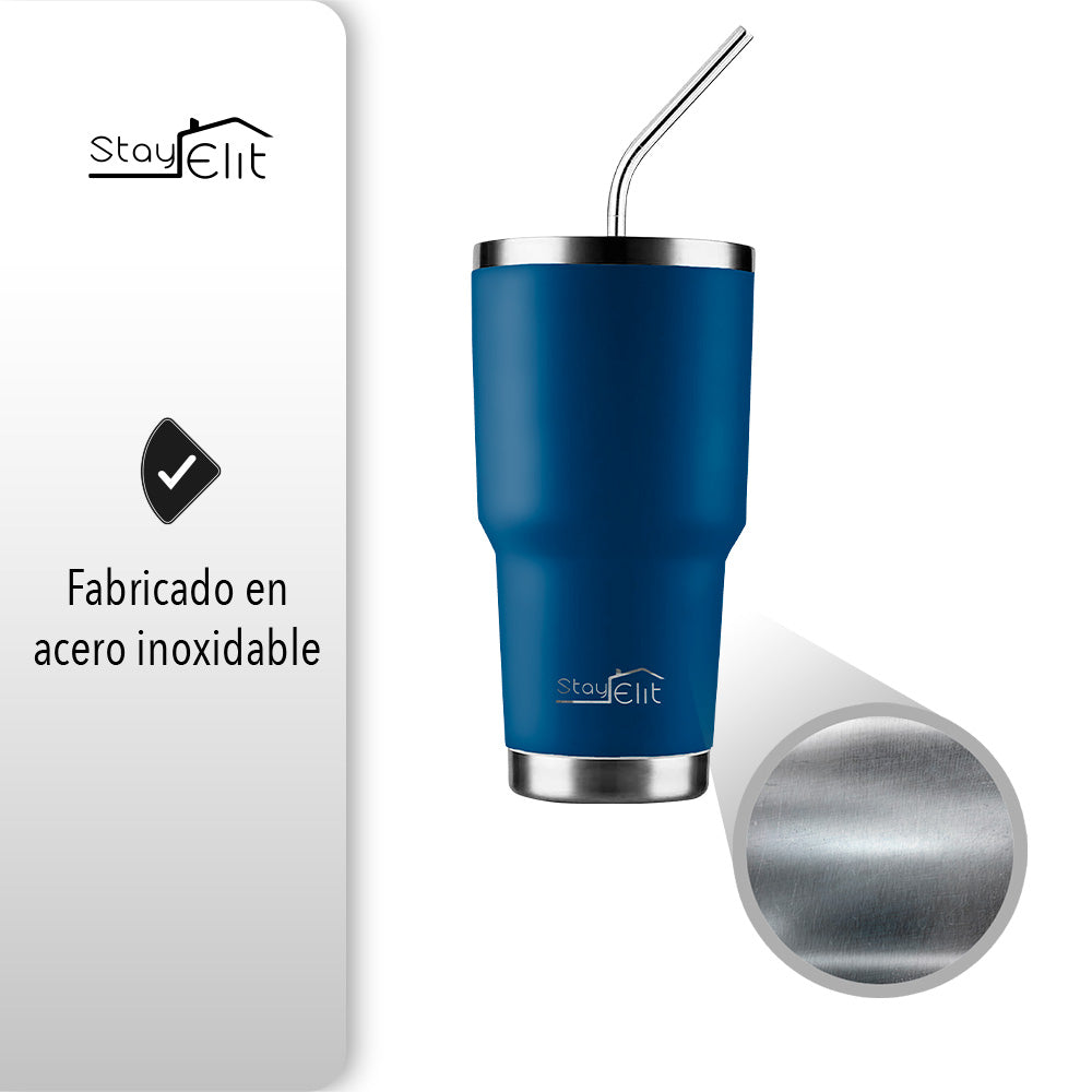 TERMO 30 OZ DE ACERO INOXIDABLE CON POPOTE Y CEPILLO COLOR AZUL