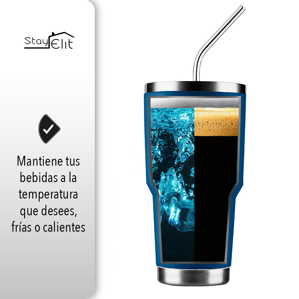 TERMO 30 OZ DE ACERO INOXIDABLE CON POPOTE Y CEPILLO COLOR AZUL