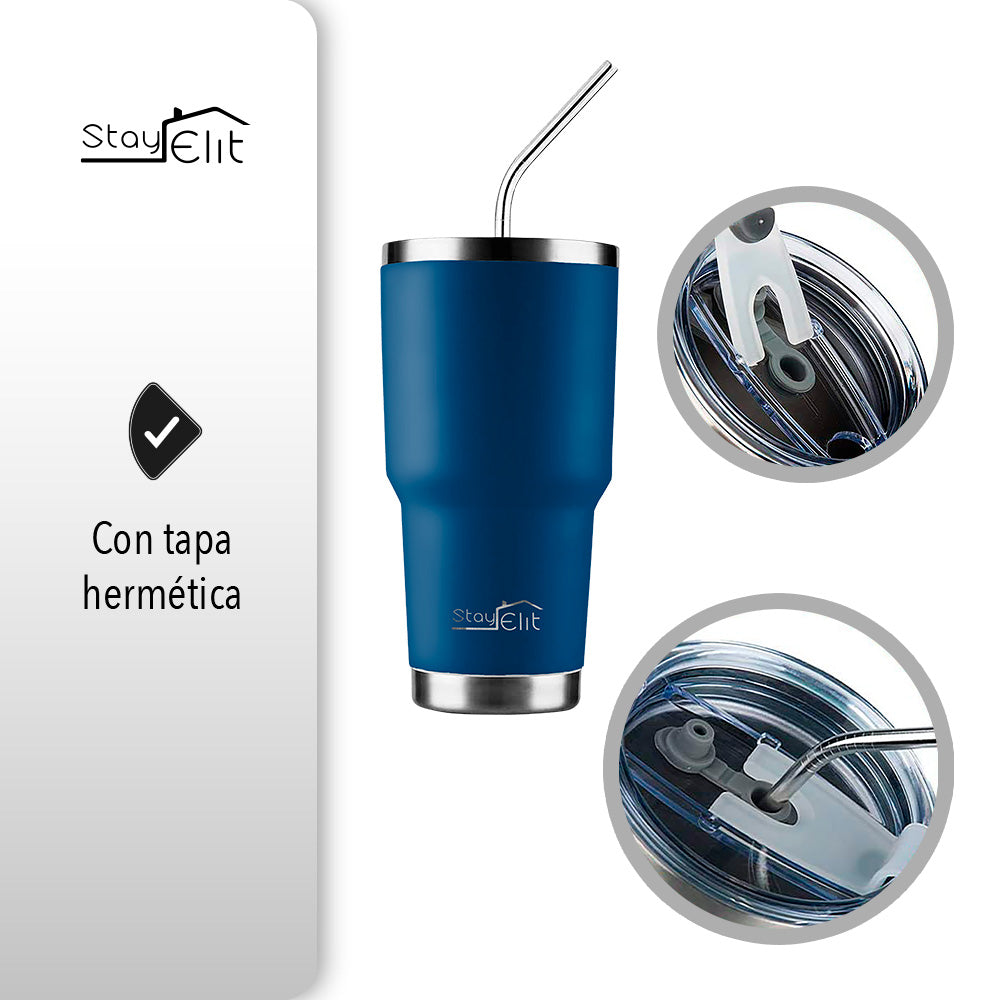 TERMO 30 OZ DE ACERO INOXIDABLE CON POPOTE Y CEPILLO COLOR AZUL