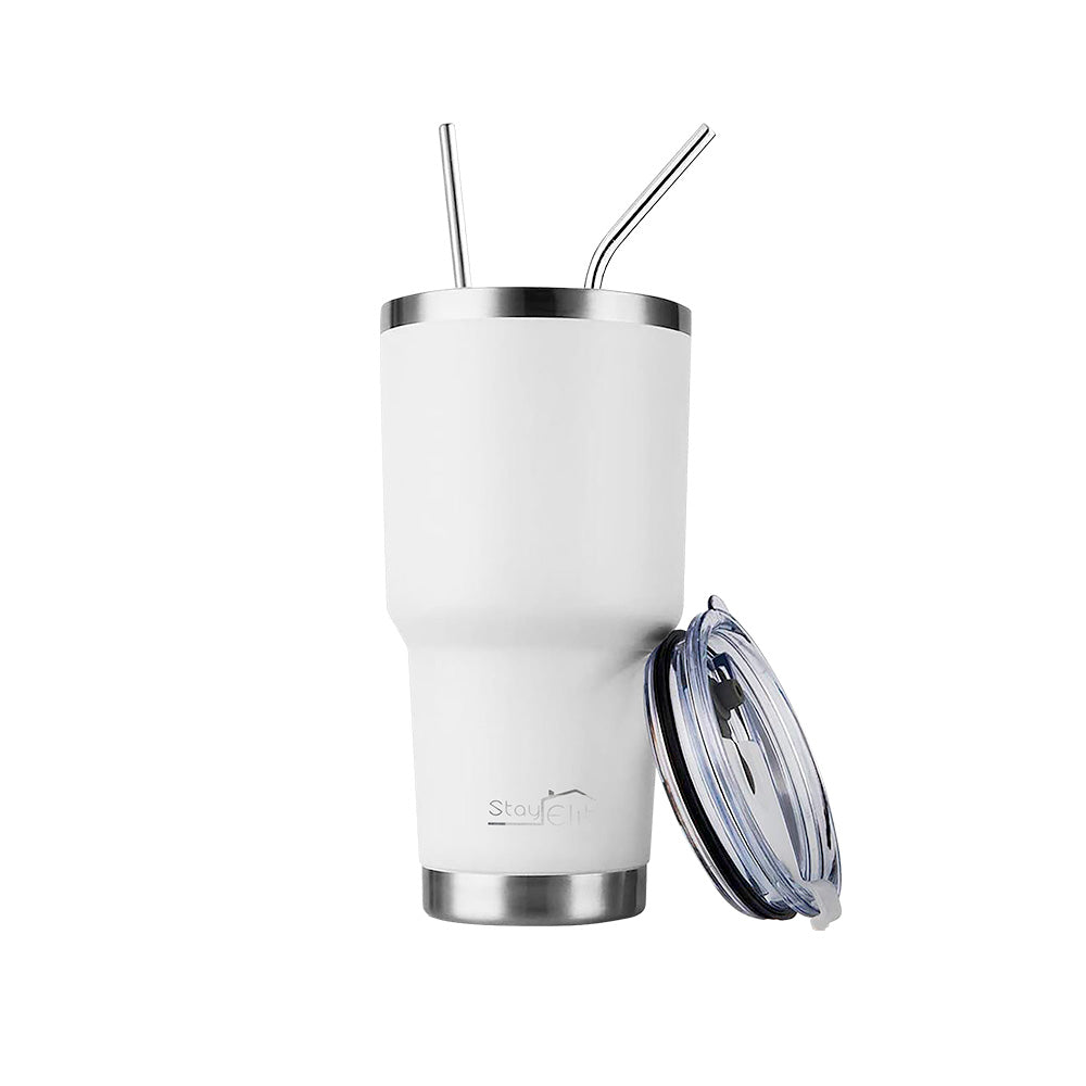 TERMO 30 OZ DE ACERO INOXIDABLE CON POPOTE Y CEPILLO COLOR BLANCO