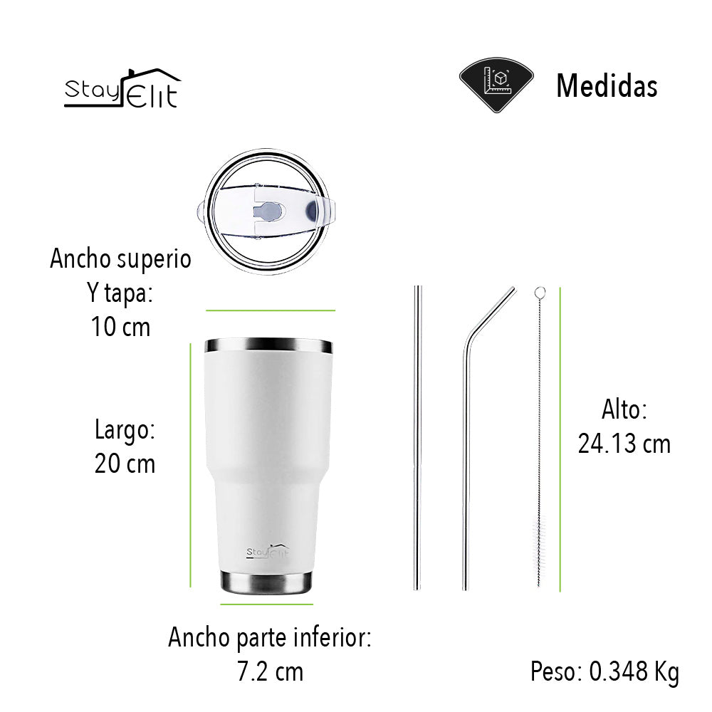 TERMO 30 OZ DE ACERO INOXIDABLE CON POPOTE Y CEPILLO COLOR BLANCO