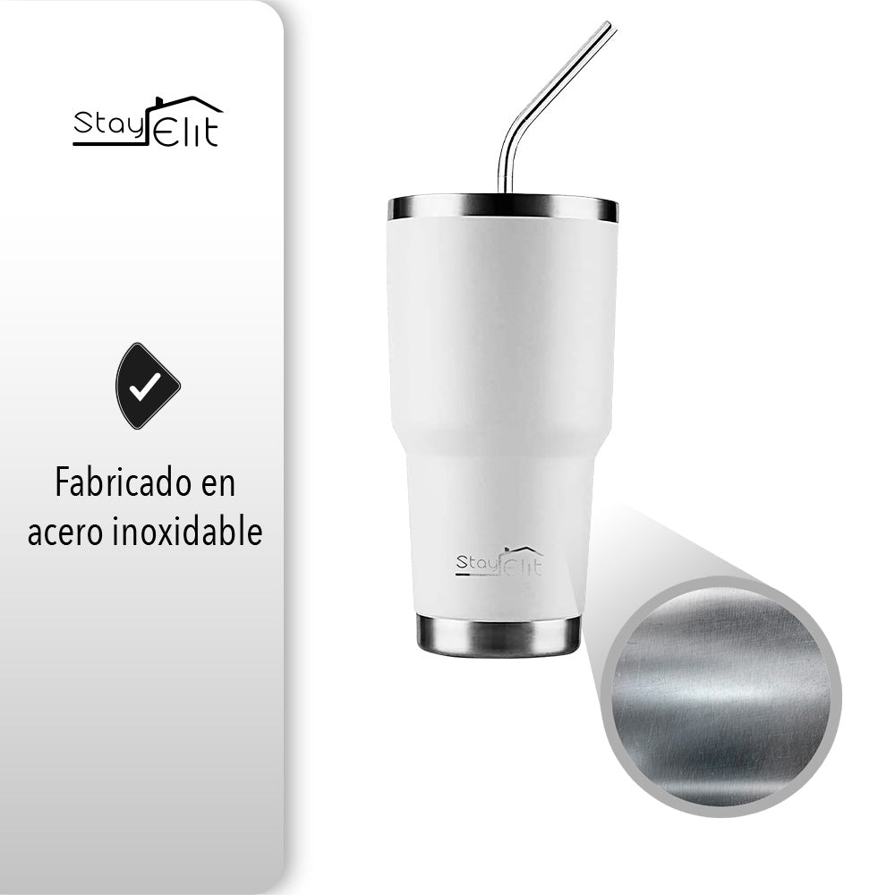 TERMO 30 OZ DE ACERO INOXIDABLE CON POPOTE Y CEPILLO COLOR BLANCO