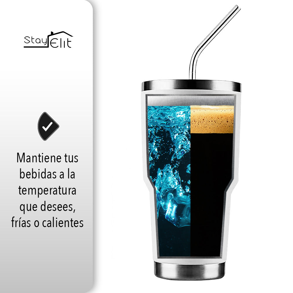 TERMO 30 OZ DE ACERO INOXIDABLE CON POPOTE Y CEPILLO COLOR BLANCO