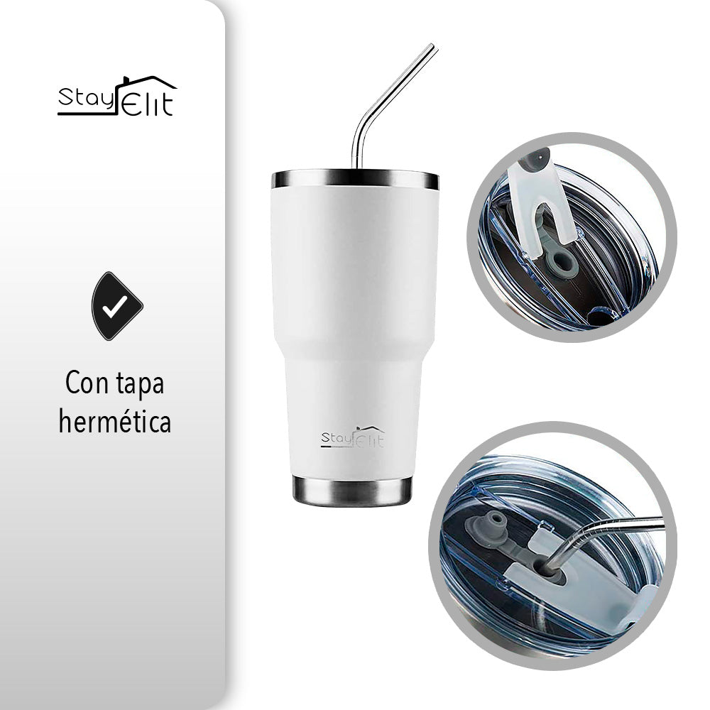 TERMO 30 OZ DE ACERO INOXIDABLE CON POPOTE Y CEPILLO COLOR BLANCO