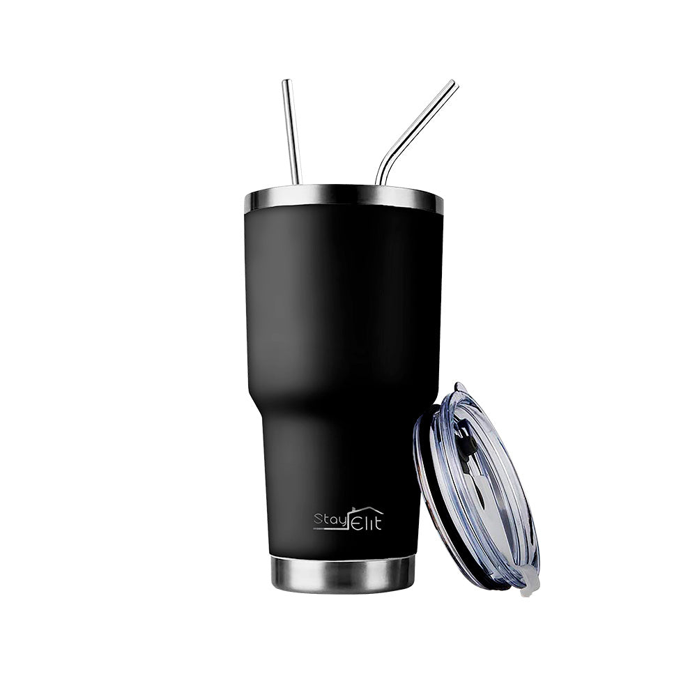 TERMO 30 OZ DE ACERO INOXIDABLE CON POPOTE Y CEPILLO COLOR NEGRO
