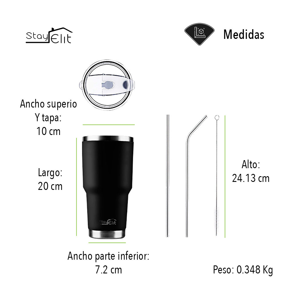 TERMO 30 OZ DE ACERO INOXIDABLE CON POPOTE Y CEPILLO COLOR NEGRO