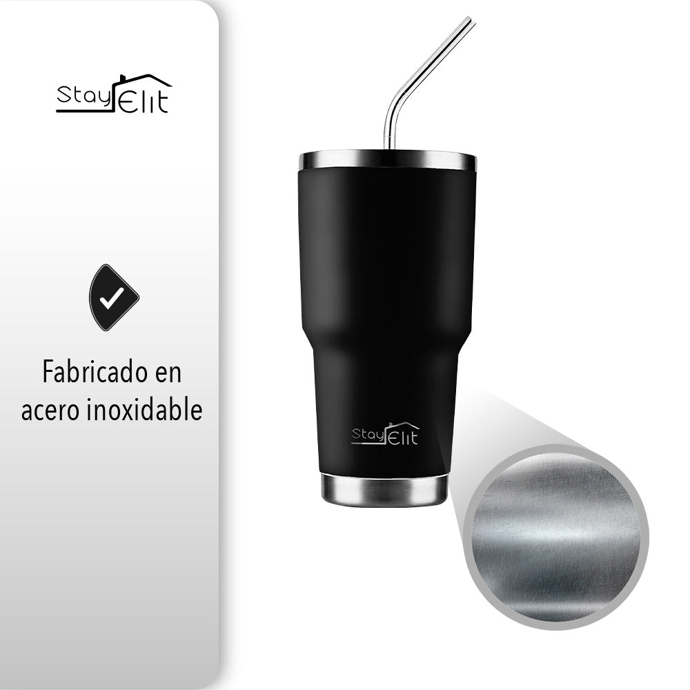 TERMO 30 OZ DE ACERO INOXIDABLE CON POPOTE Y CEPILLO COLOR NEGRO