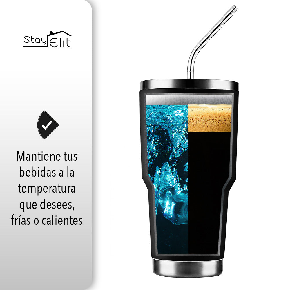 TERMO 30 OZ DE ACERO INOXIDABLE CON POPOTE Y CEPILLO COLOR NEGRO
