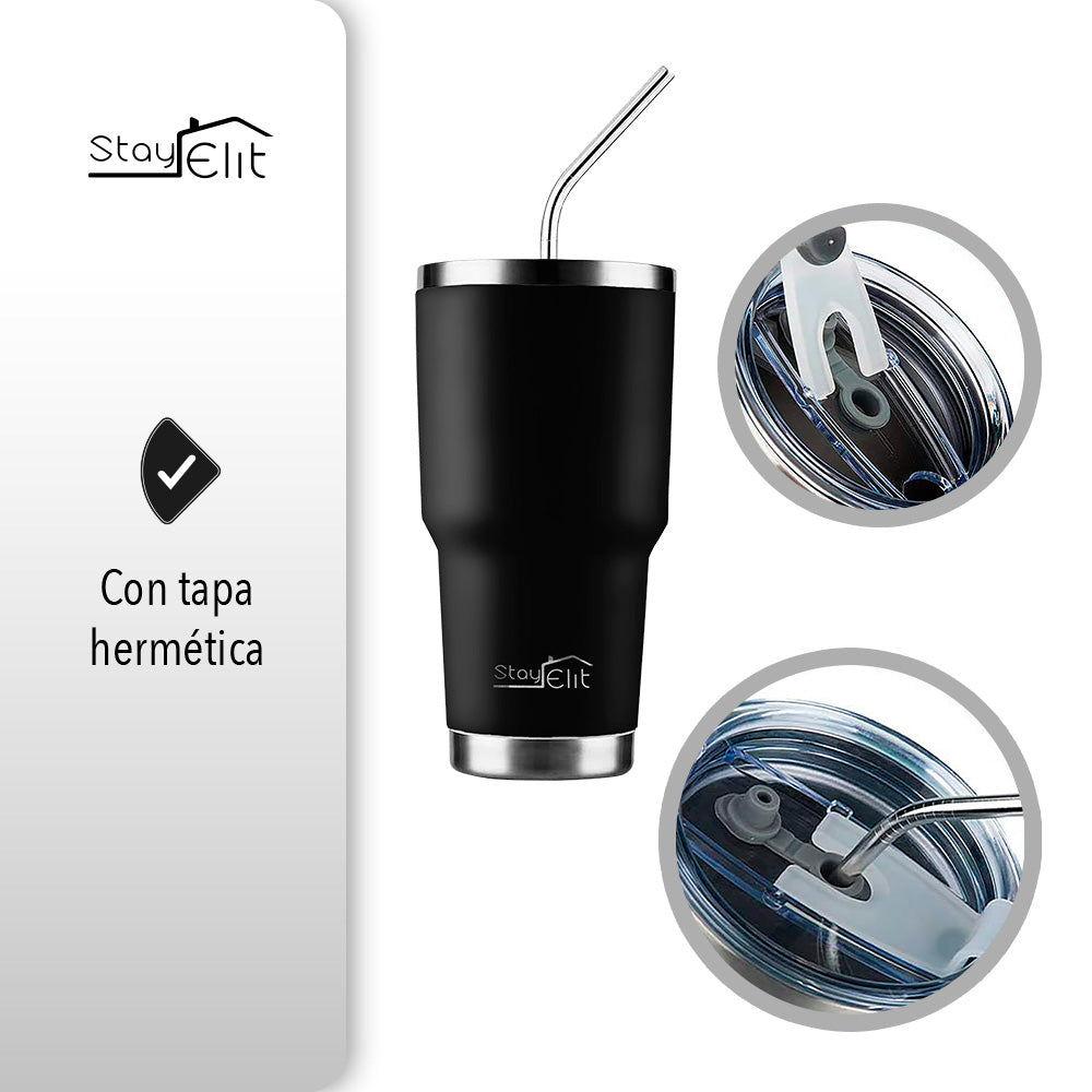 TERMO 30 OZ DE ACERO INOXIDABLE CON POPOTE Y CEPILLO COLOR NEGRO
