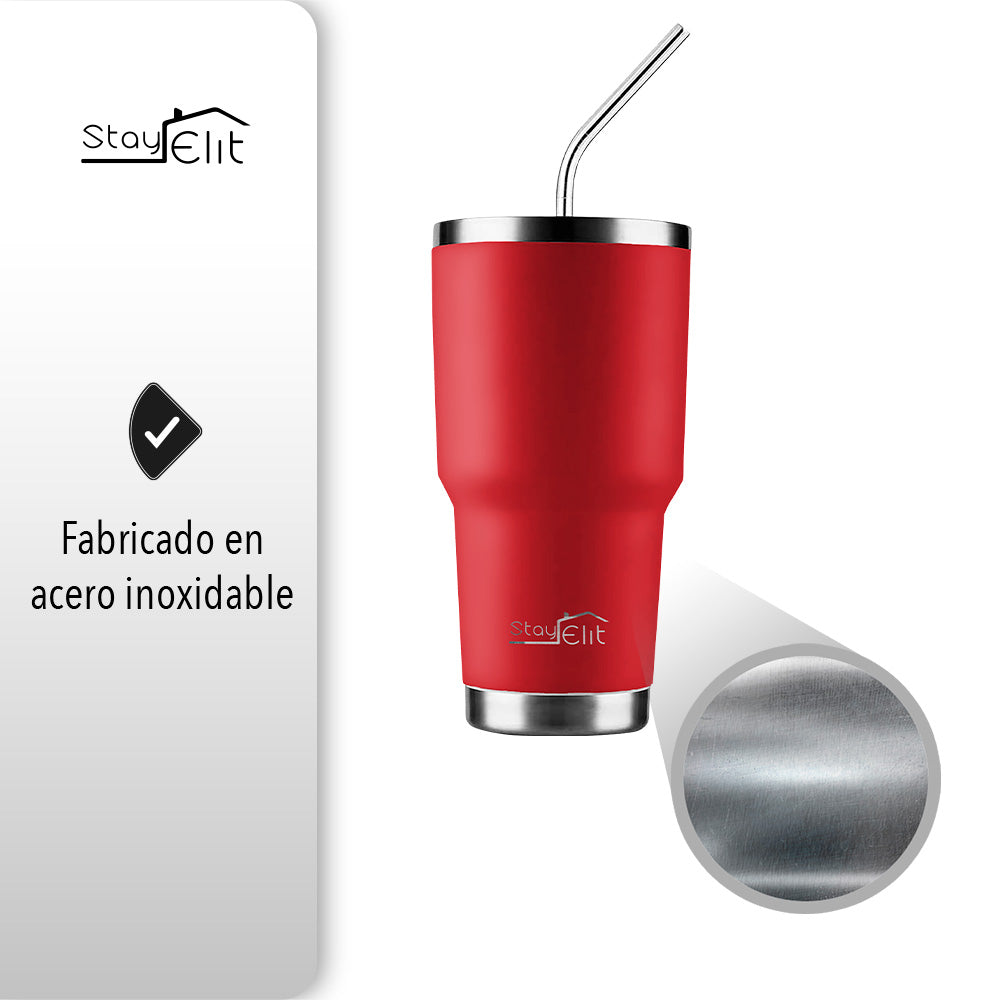 TERMO 30 OZ DE ACERO INOXIDABLE CON POPOTE Y CEPILLO COLOR ROJO