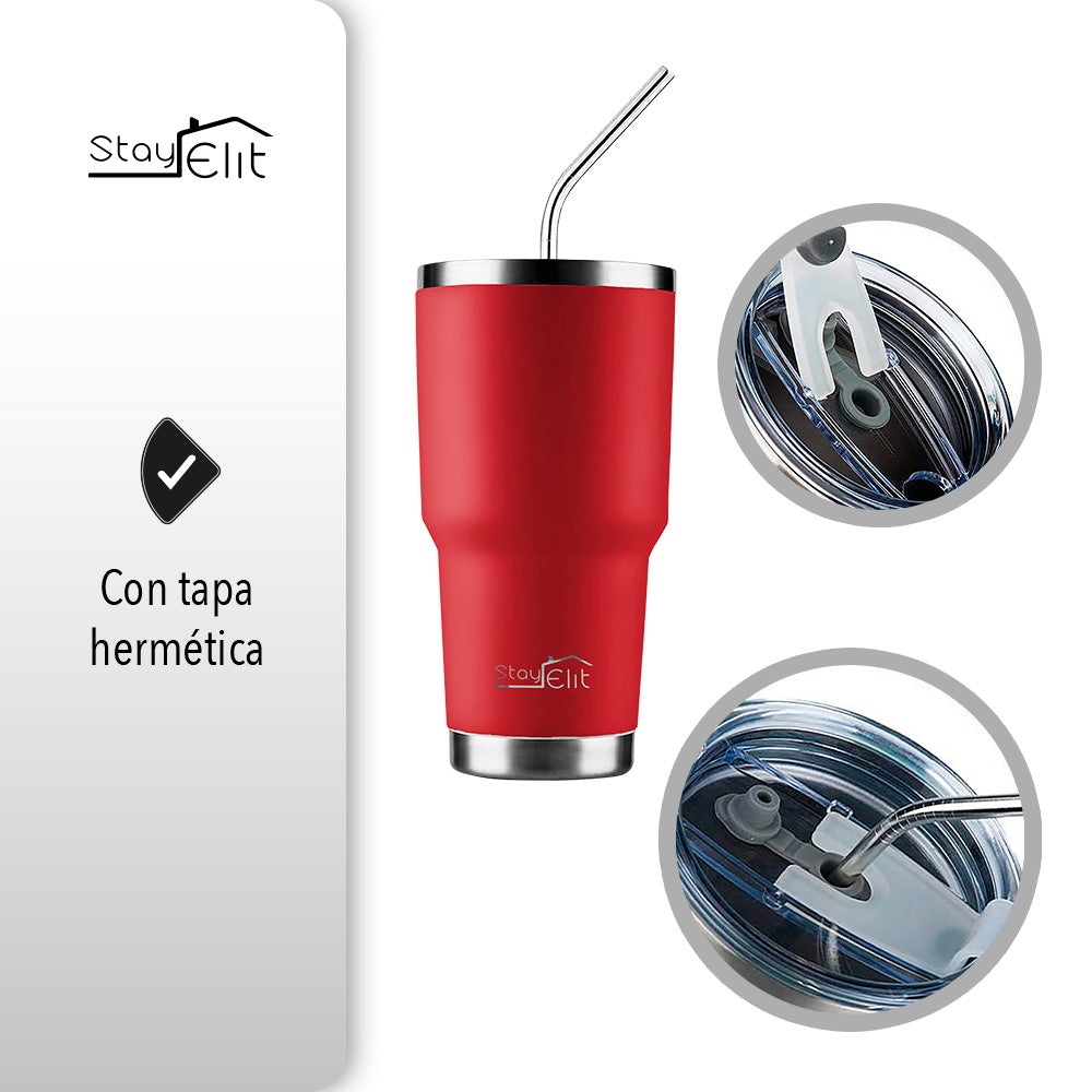 TERMO 30 OZ DE ACERO INOXIDABLE CON POPOTE Y CEPILLO COLOR ROJO